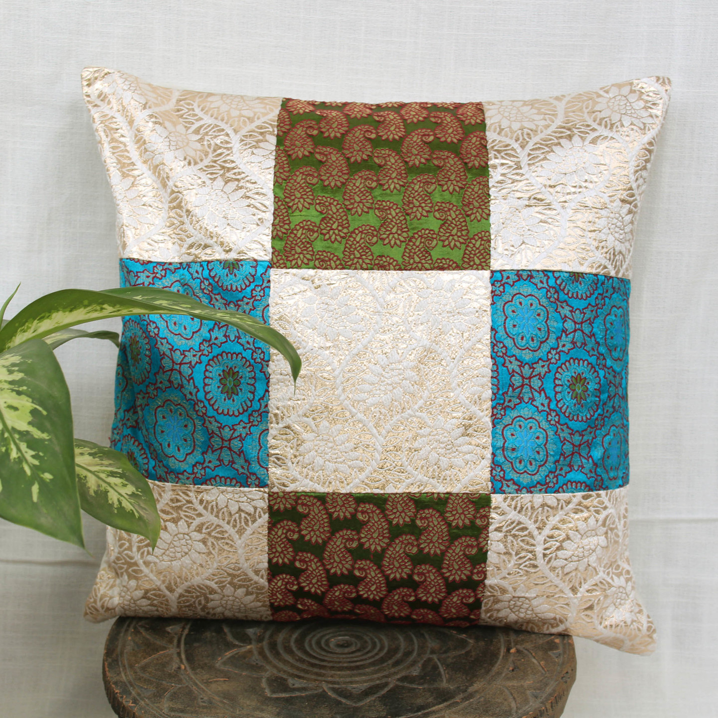 Green Blue Brocade Patch Cushion cover 16x16
