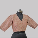 Grey-Pink Printed Chanderi Blouse With Puff Sleeves