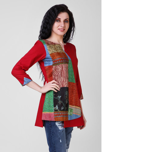 Red Cotton-silk Top with Kantha Embroidery