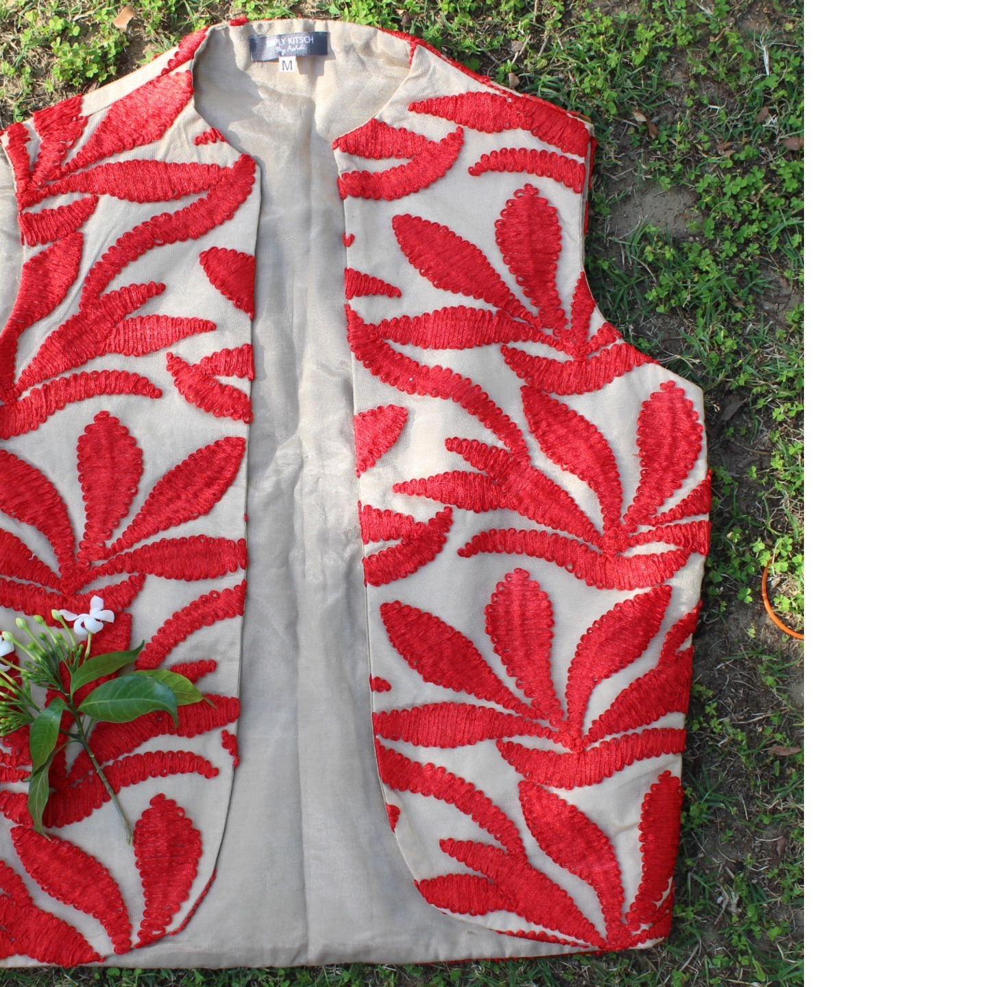 Beige Red Ribbon Embroidered Waistcoat