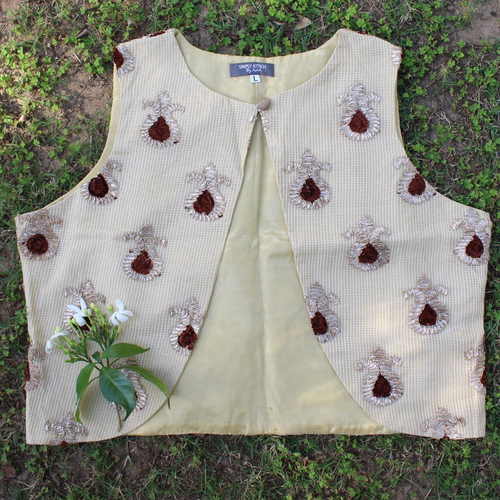 Brown Kota Doria Gota Embroidered Waistcoat