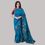 Blue Dupion Silk Kantha Applique Saree