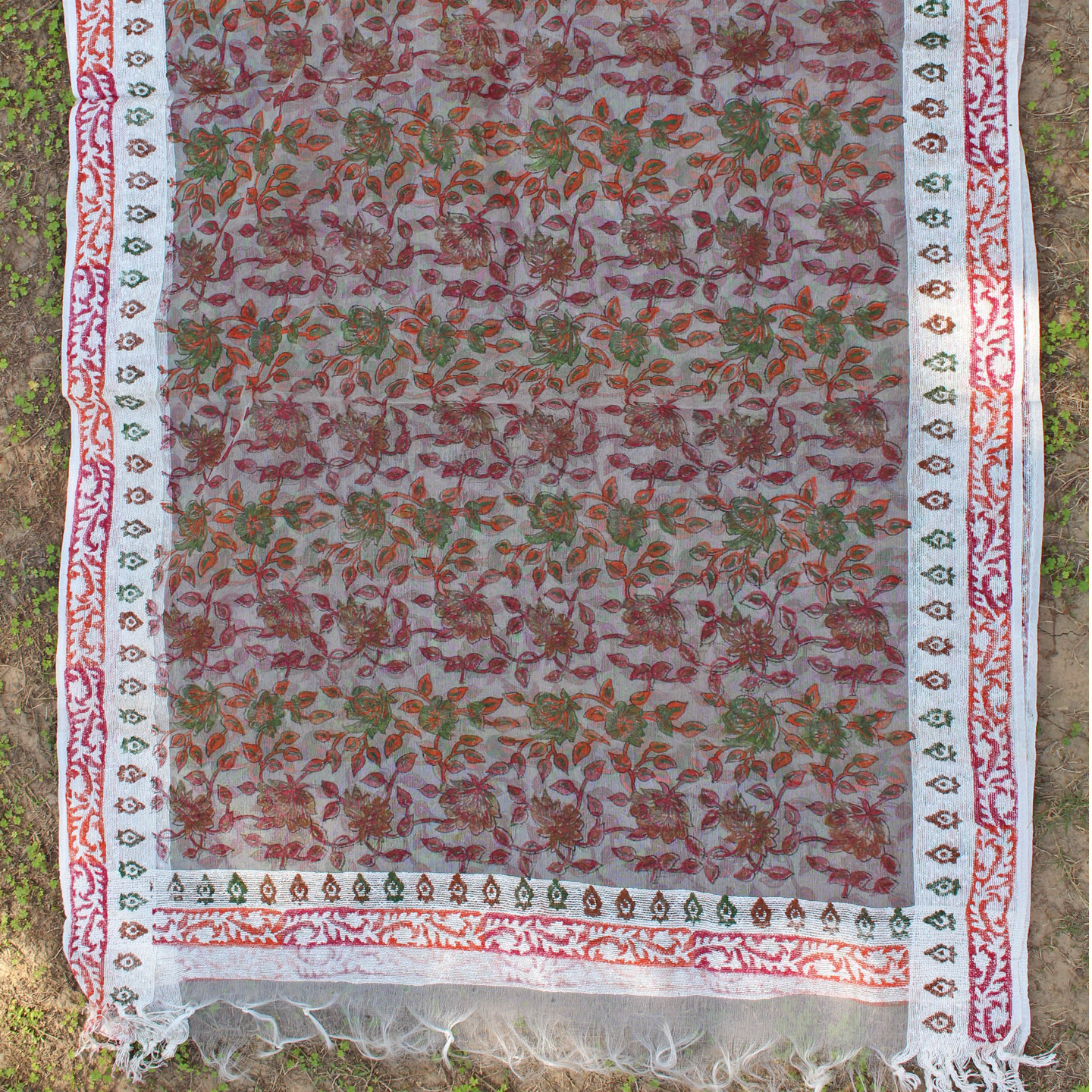 Red Green Silk Organza Handloom Block Printed Stole/Dupatta
