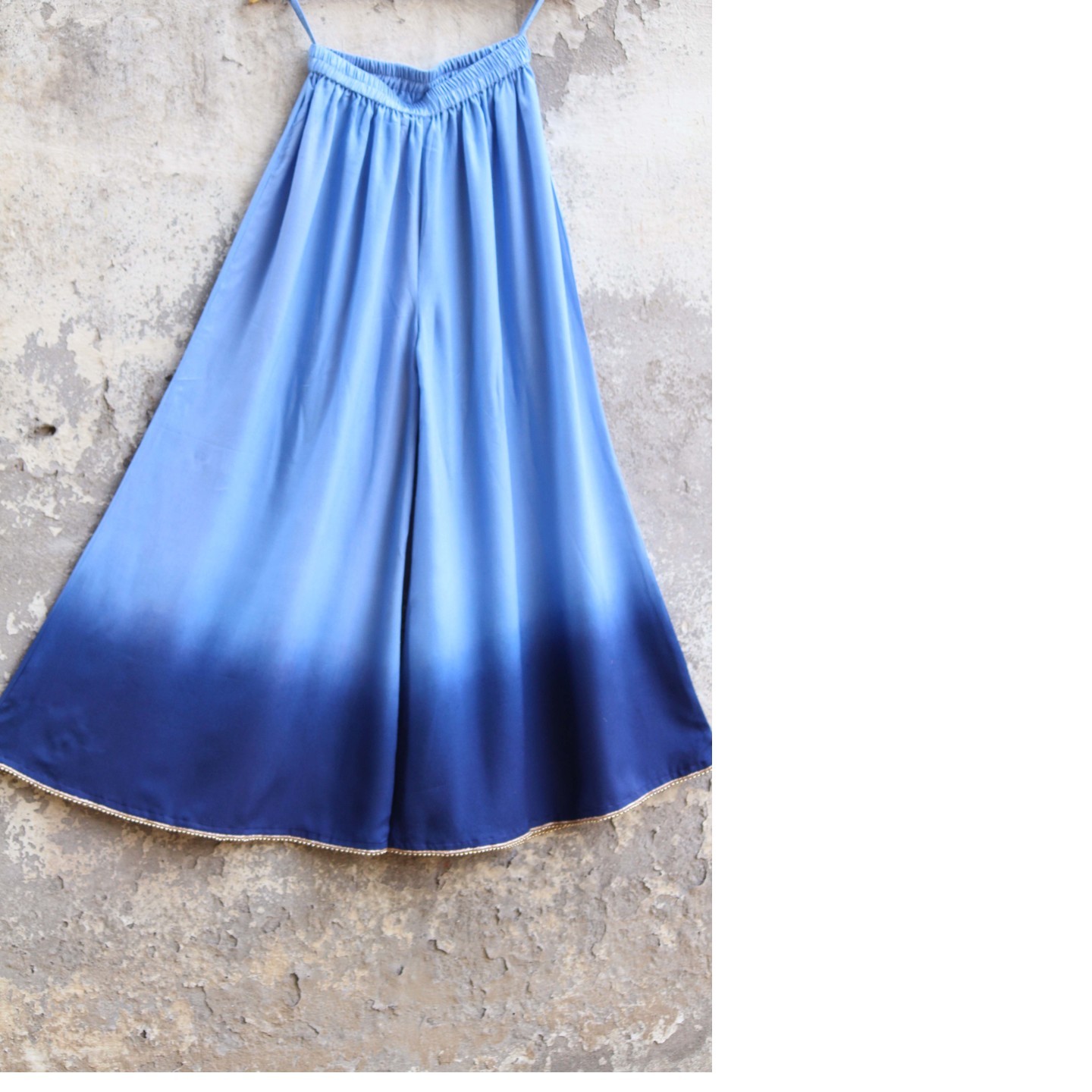 Blue Ombre Embellished Cotton Silk Palazzo