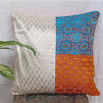 Blue Yellow Brocade patch Cushion Cover(16"x16")