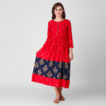 Red And Blue Gathered Dress