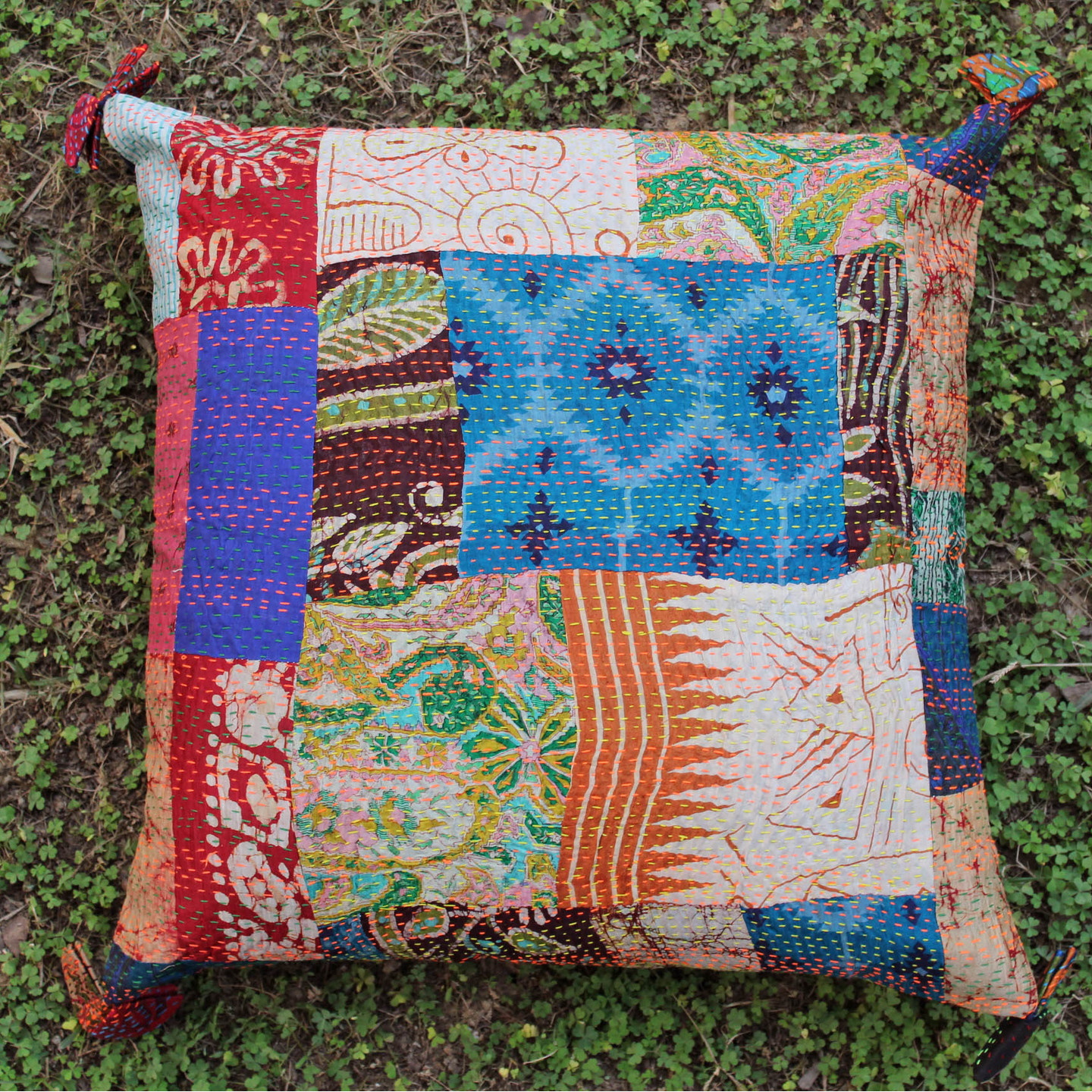 Vintage Silk Kantha Embroidered Cushion cover-18x18