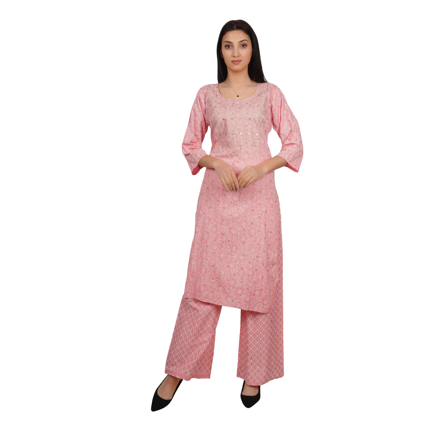 Pink Printed Cotton Kurta Set with Mirror Embroidery (Set of 2)