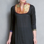 Black Cotton Silk Kantha Yoke Kurta