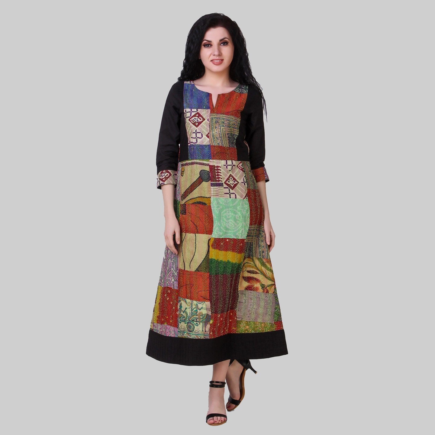 Multicolored Cotton-silk Dress with Kantha Embroidery