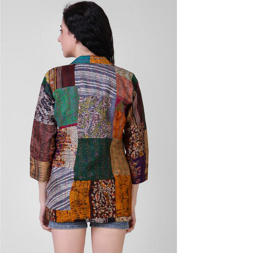 Multicolored Silk Coat with Kantha Embroidery