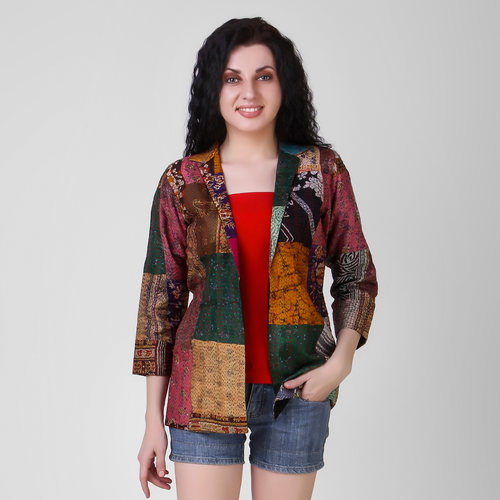 Multicolored Silk Coat with Kantha Embroidery