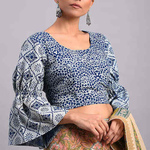 Indigo Dabu Cotton Blouse With Flared Sleeves