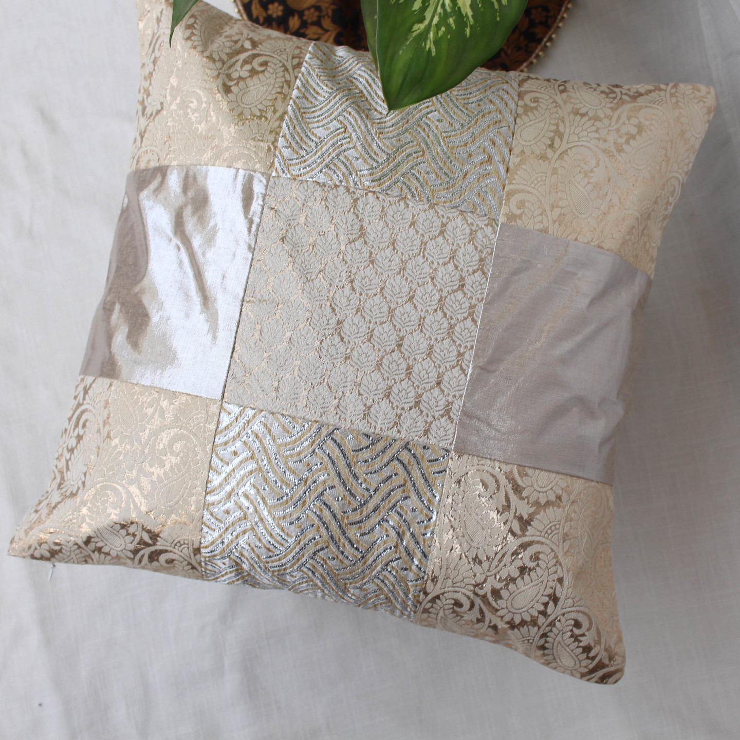 Gold White Silver Brocade Patch  Cushion Cover 16x16
