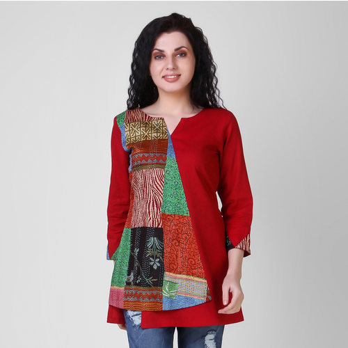 Red Cotton-silk Top with Kantha Embroidery