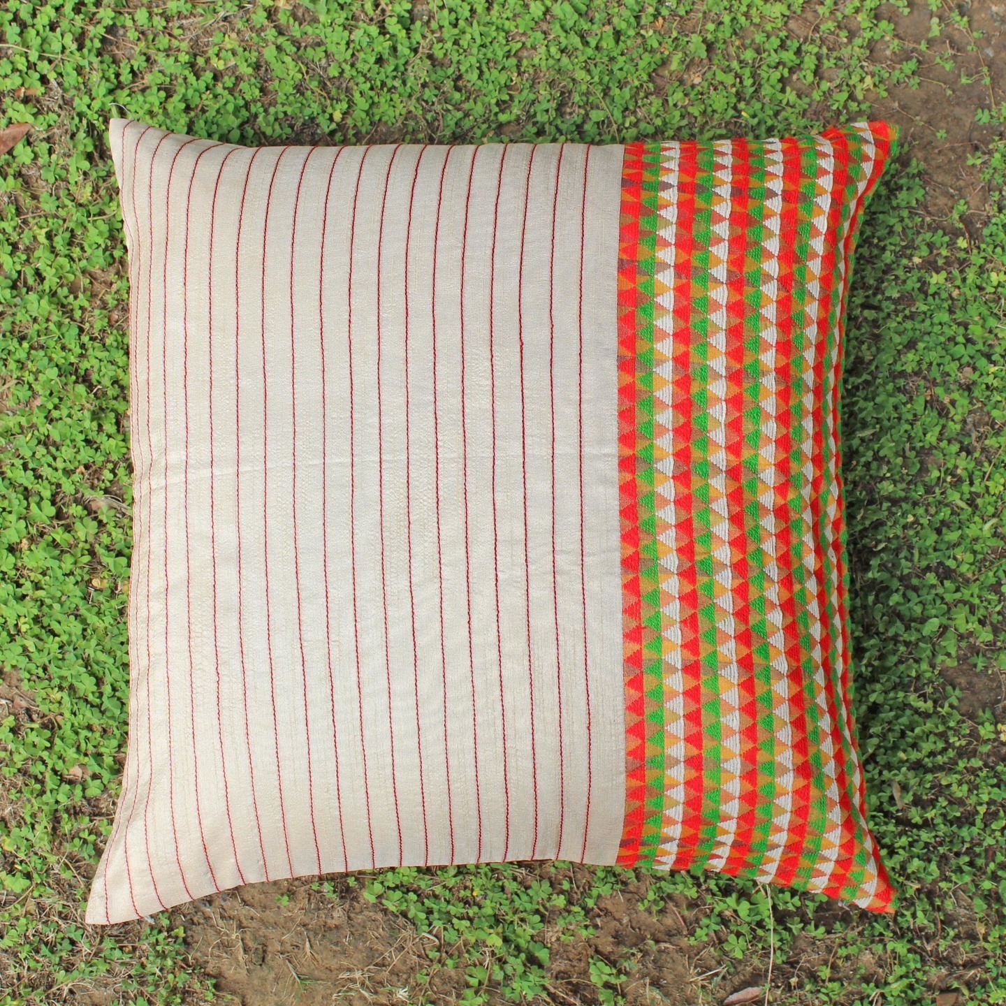 Beige Dupion Silk Patch Cushion Cover (Set Of 2)