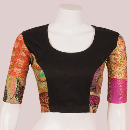 Black Silk Kantha Patch blouse with tie ups