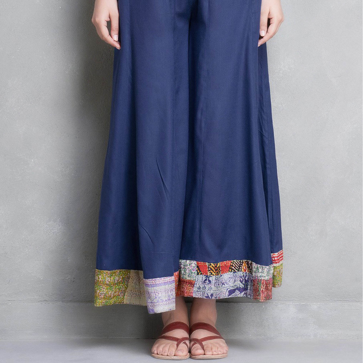 Blue Cotton Silk Palazzo Pant with Kantha Belt (Set of 2)