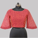 Pink Chanderi Printed Blouse With Flared Sleeves