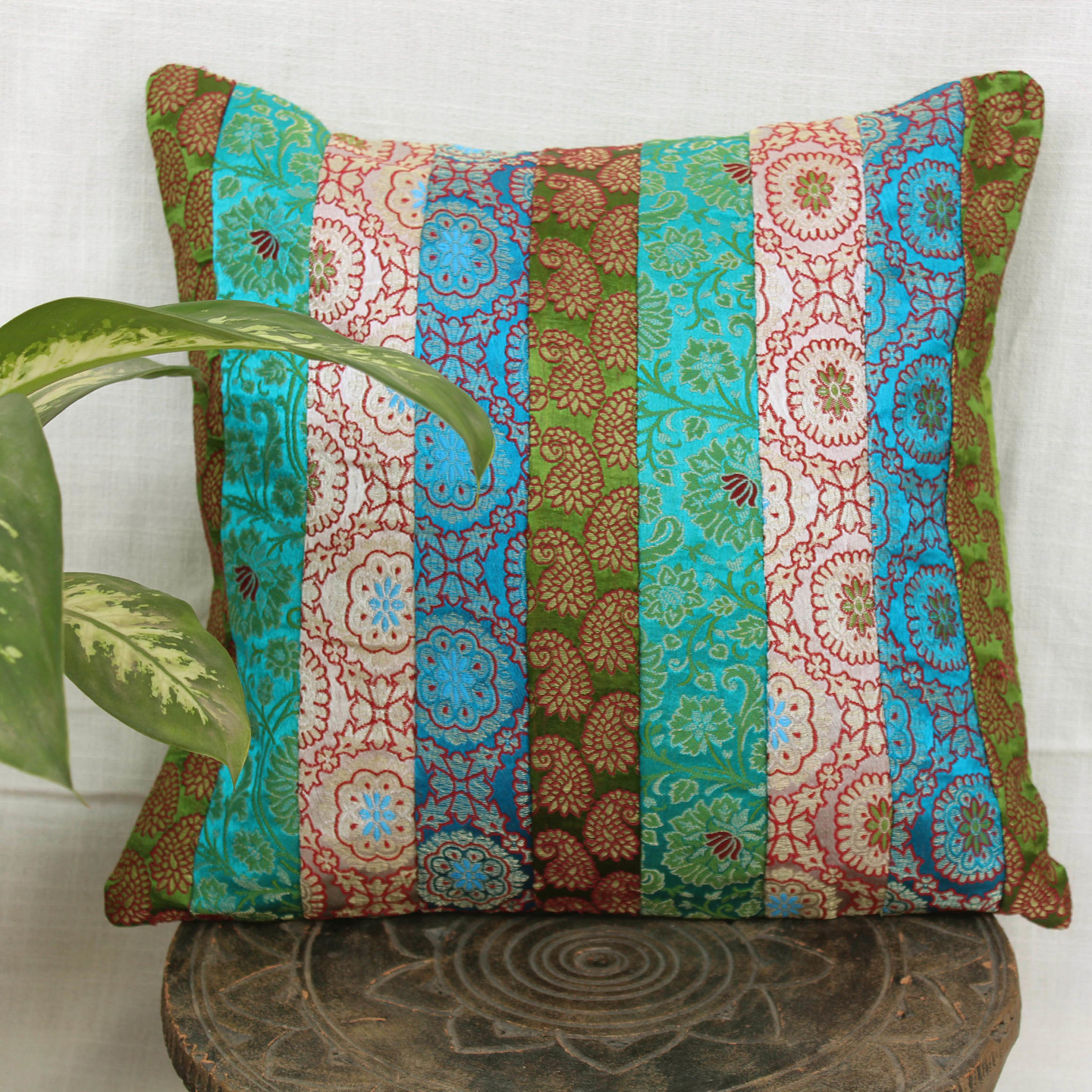 Green Blue Stripe Patch Brocade Cushion Cover 16x16