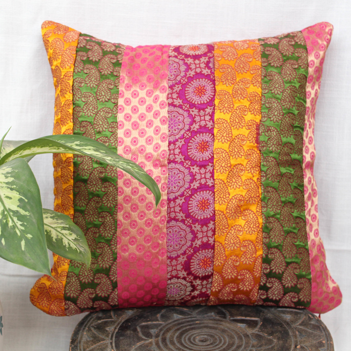 Multi Colored Brocade patch Cushion Cover 16x16