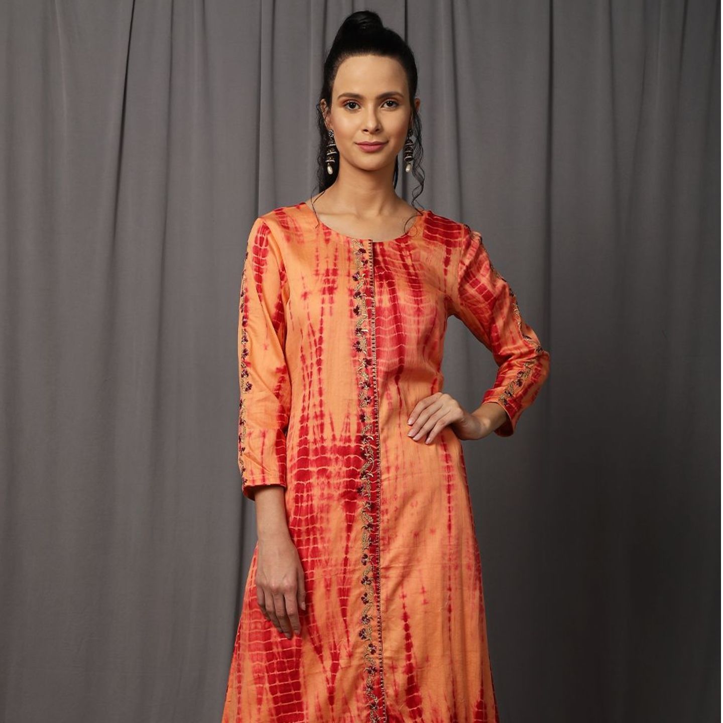Orange hand tie dyed embroidered kurta set