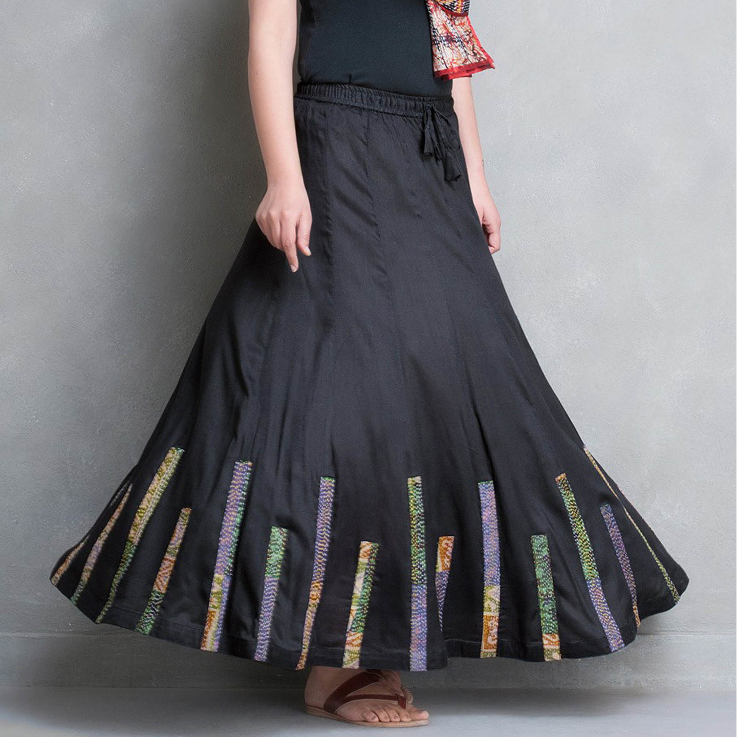 Black Cotton Silk Kantha Patch Skirt