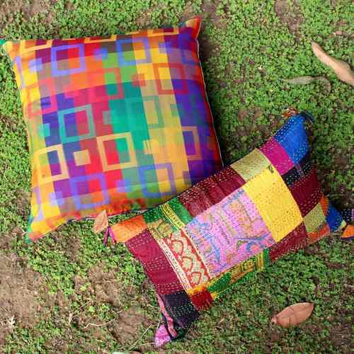 Silk Cushion Covers with Kantha and Woven pattern (Set Of 2)