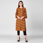 Brown Floral Print Kurta with Pleated Sleeves