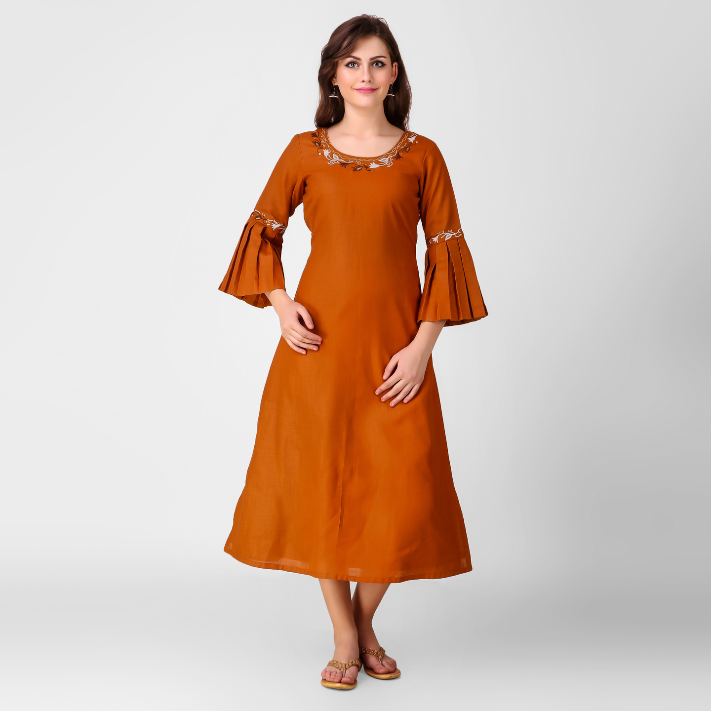 Ochre Yellow Zari Embroidered Pleated Sleeve Kurta