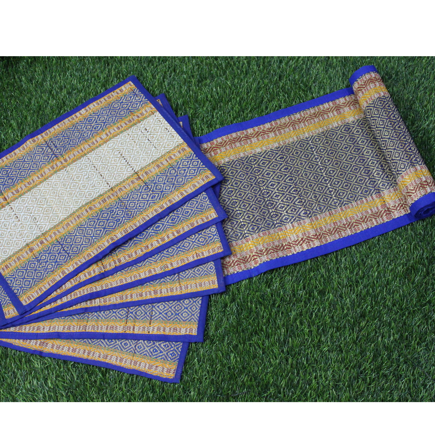 Blue Handwoven Grass Table runner & mats (Set of 6)