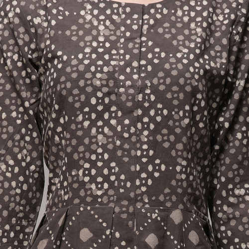 Grey Pleated Yoke Dabu-printed Cotton Dress