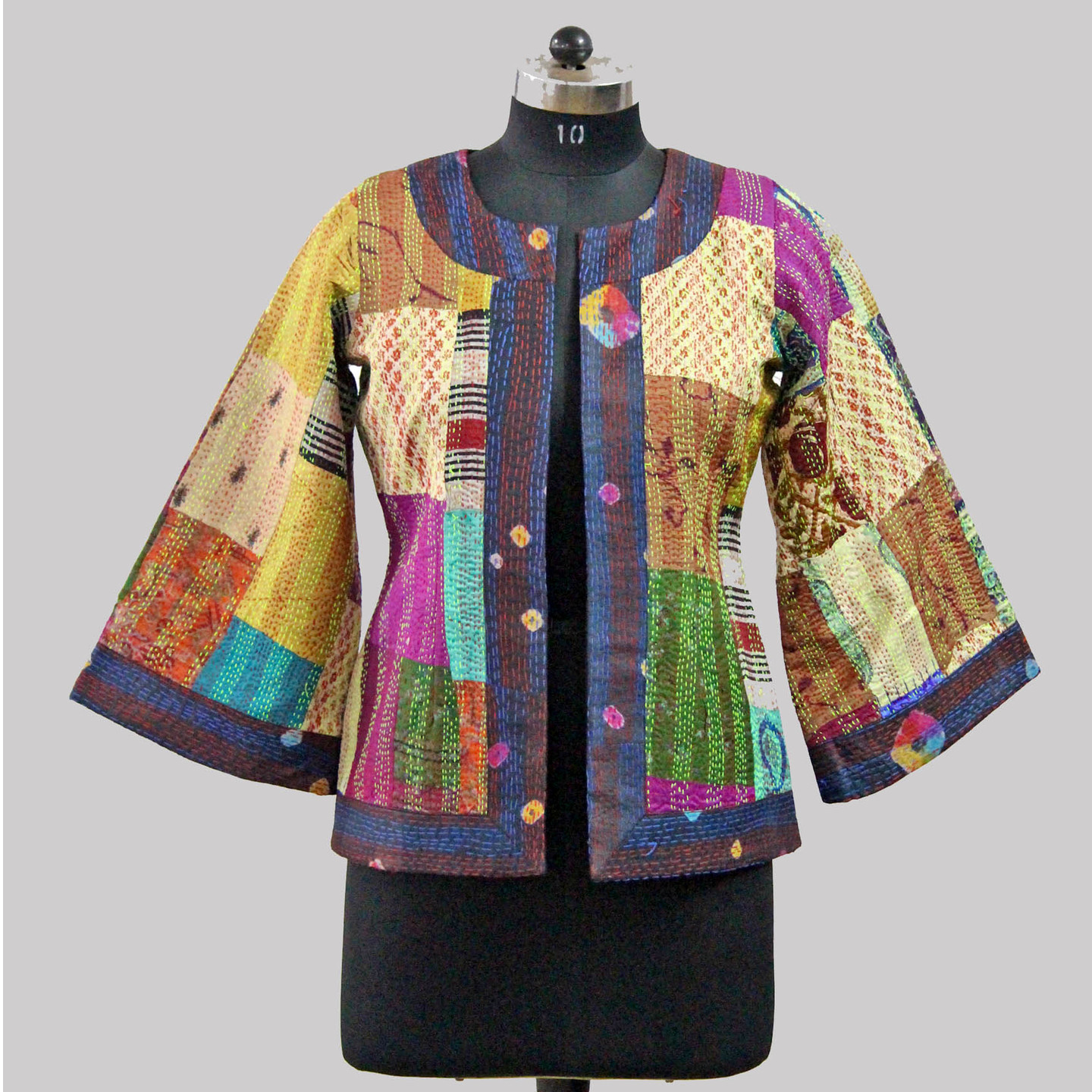 Vintage Silk Kantha Flared Sleeve Jacket