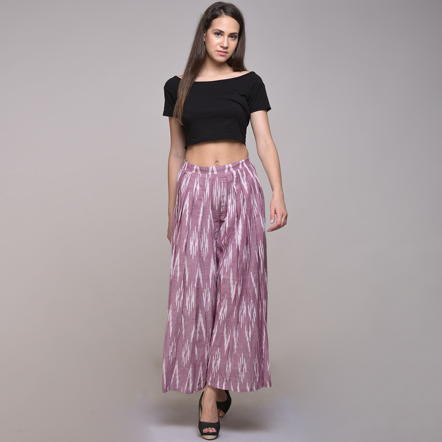 Pink Cotton Ikat Front Pleated Pant