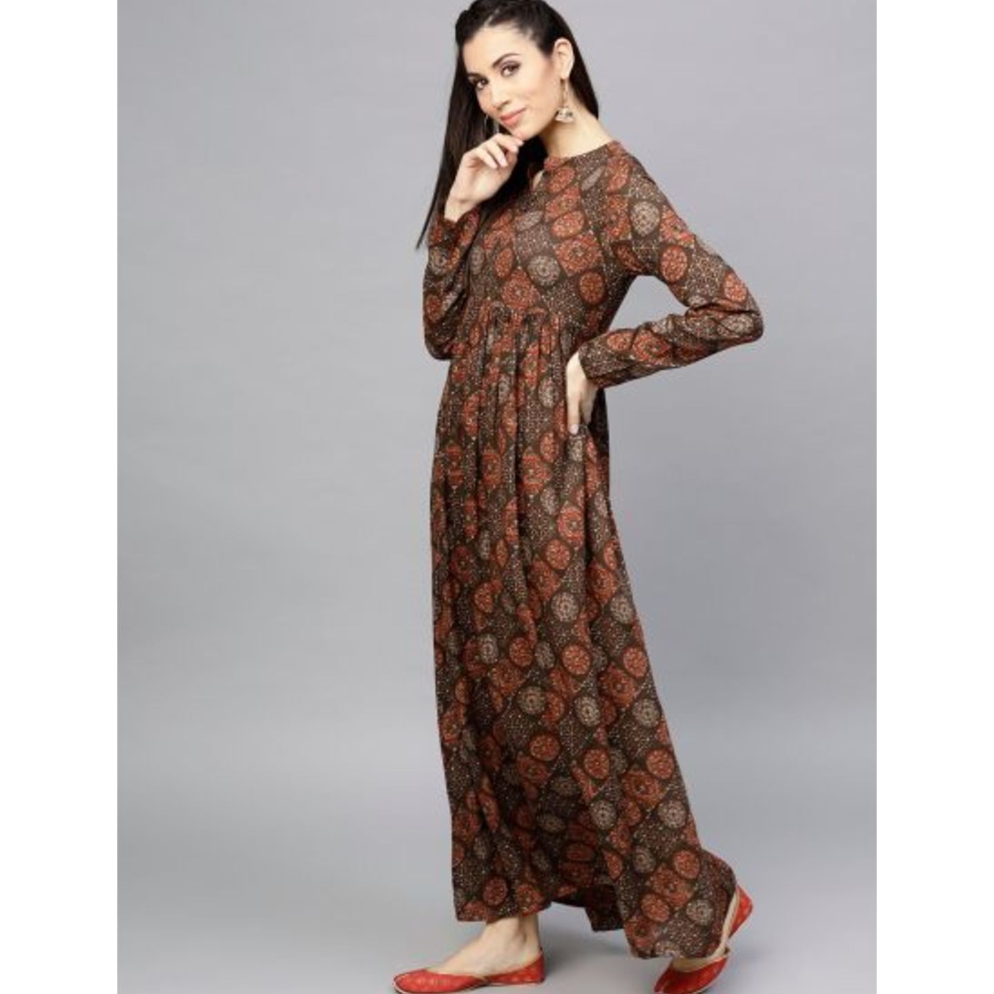 Brown Printed Pleated Maxi