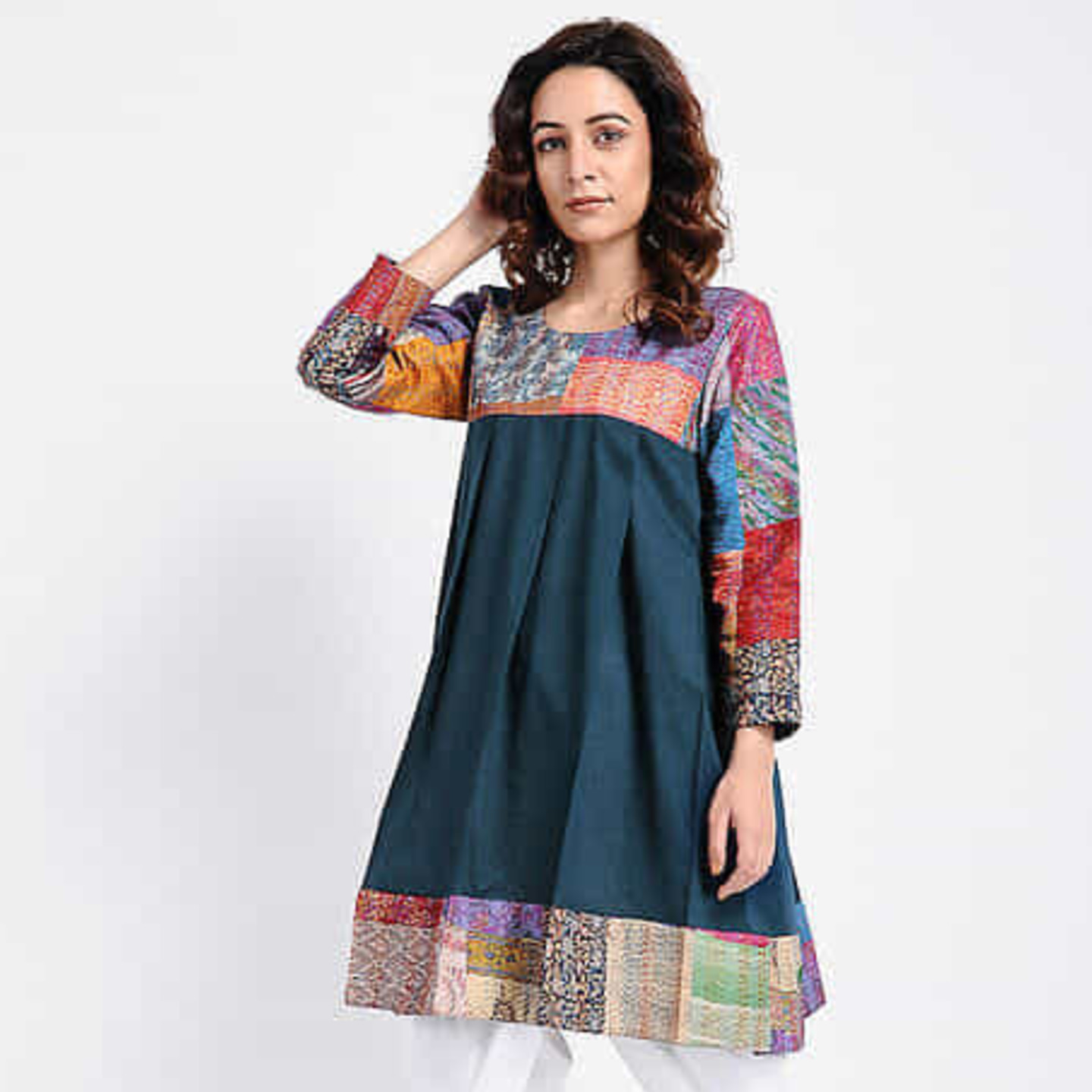 Green Kantha Patch Gather Tunic