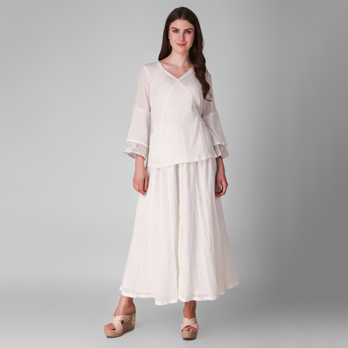 Ivory Cotton Crepe Tie Up Top With Skirt - Set Of Three