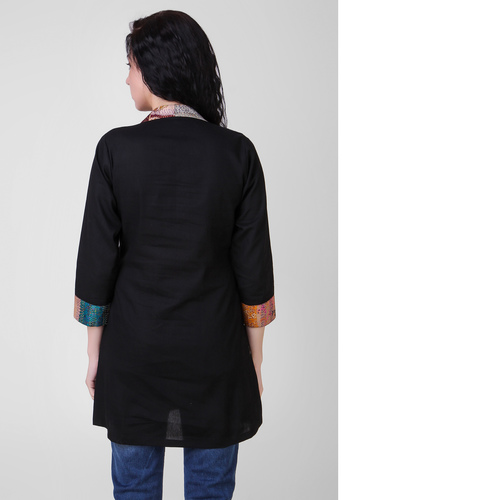 Black Cotton-silk Top with Kantha Embroidery