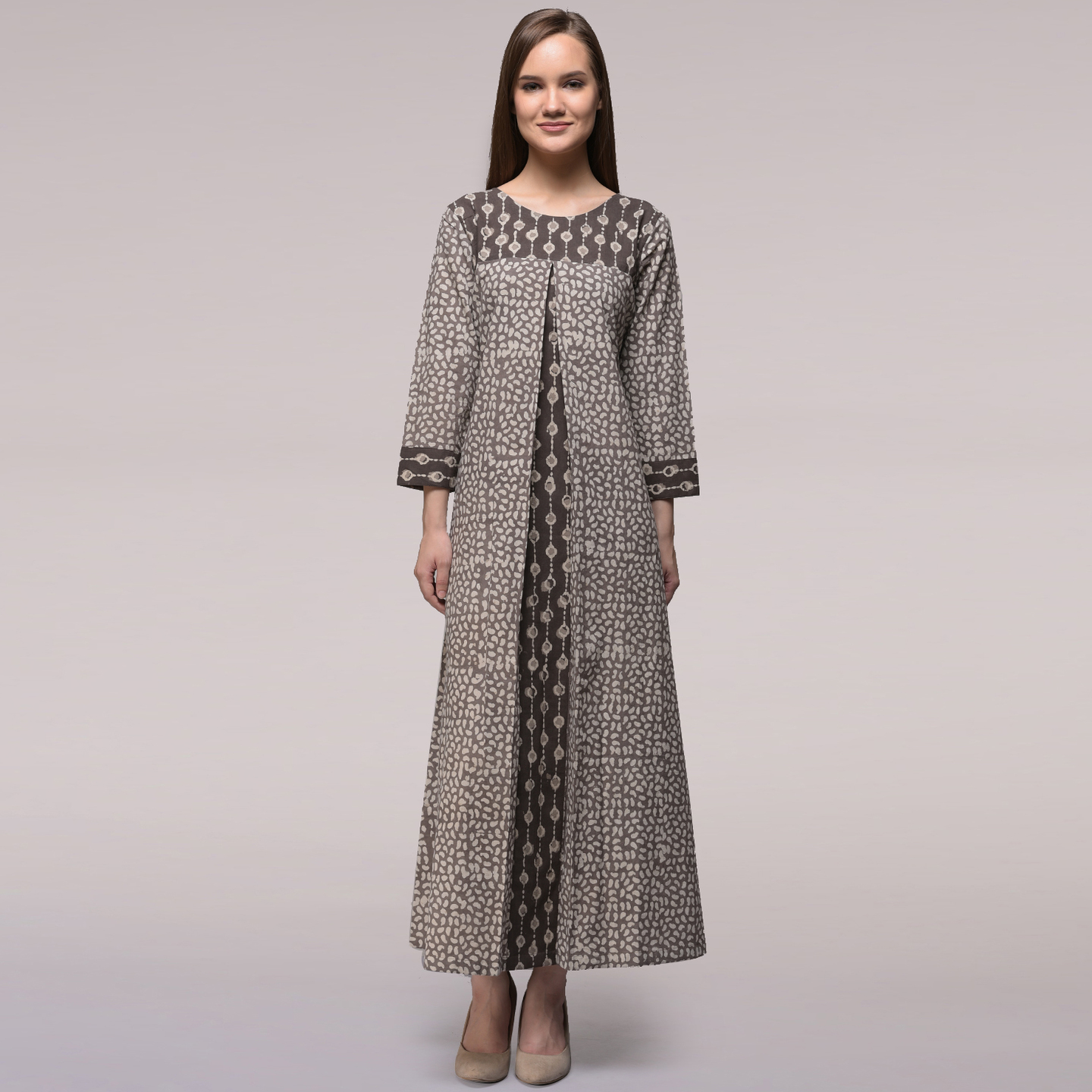 Grey Pleated Dabu-printed Cotton Dress