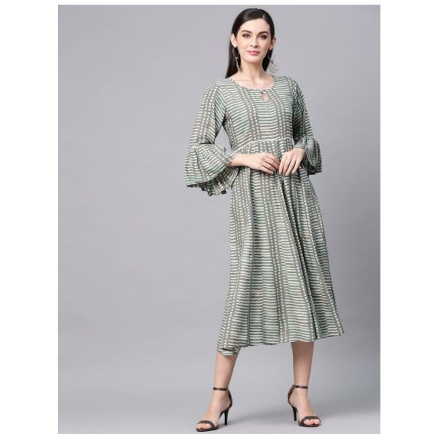 Grey & Blue Stripe Printed Dress With Ladder Lace