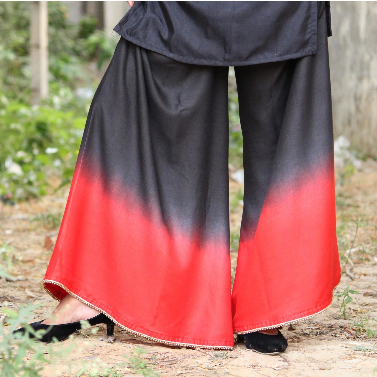 Black Red Ombre Dyed Embellished Palazzo