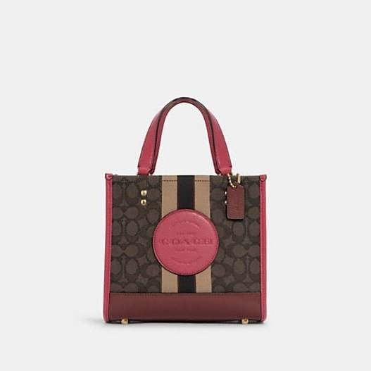 COACH Dempsey Tote 22 In Signature Jacquard With Stripe And Coach Patch Gold/Brown Strawberry Haze