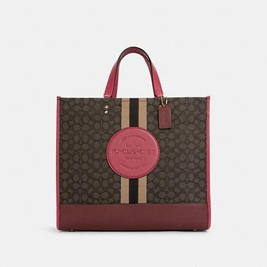 COACH Dempsey Tote 40 In Signature Jacquard With Stripe And Coach Patch Gold/Brown Strawberry Haze