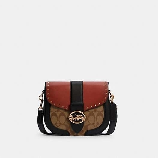 COACH Georgie Saddle Bag In Colorblock Signature Canvas With Rivets Gold/Khaki/Terracotta Multi