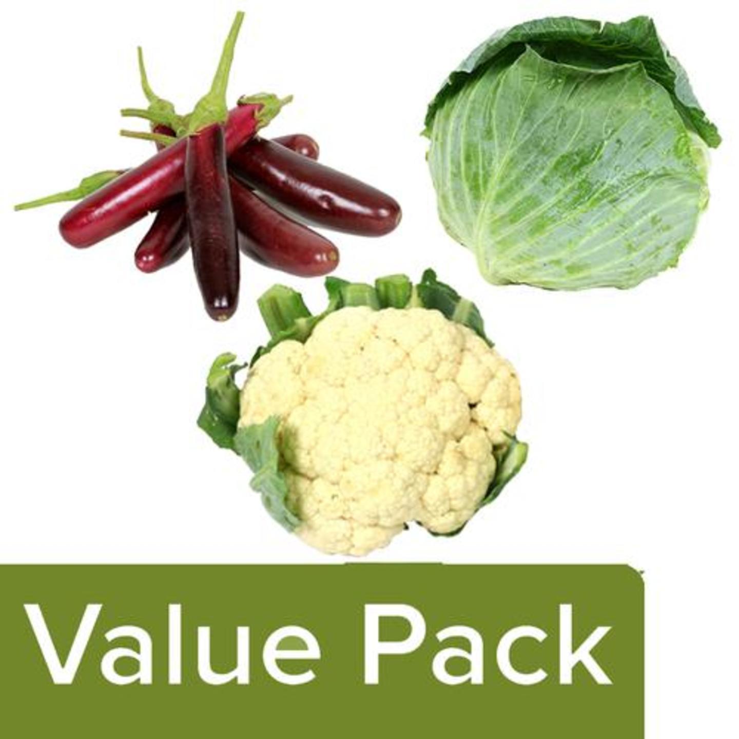 Brinjal Bottle Shape 500 g + Cauliflower 1 pc + Cabbage 1 pc, Combo 3 Items