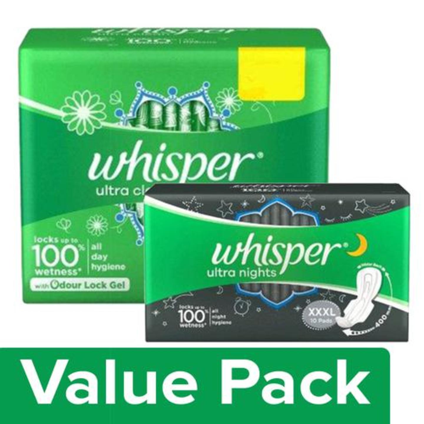 Whisper Sanitary Pads - XL Plus, Clean, Ultra 44 pcs + XXXL Wings, Ultra Nights 10 pcs, Combo 2 Items