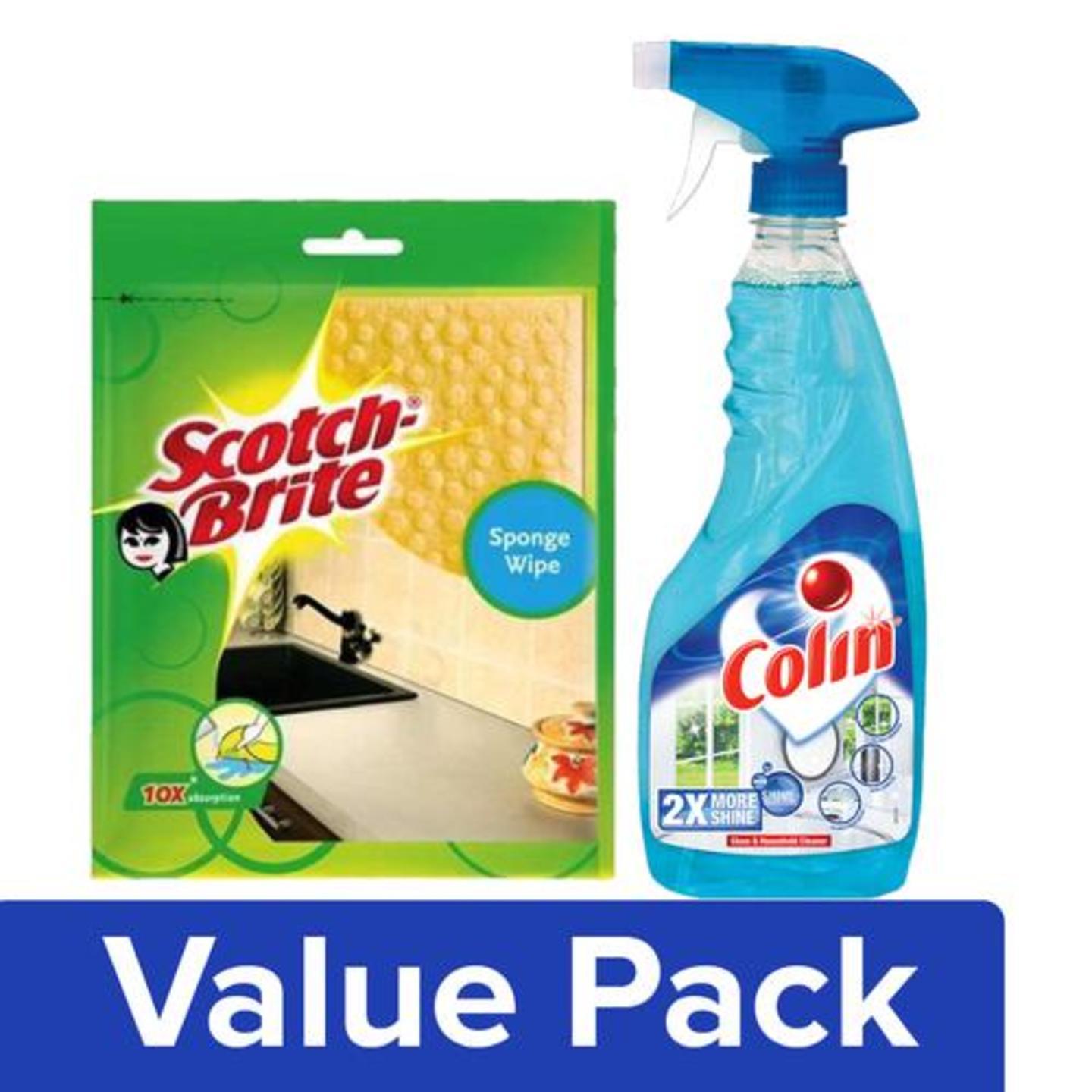 NJAK Combo Colin Cleaner - Glass and Household 500 ml + Scotch Brite Sponge Wipe Large 1 pc, Combo 2 Items