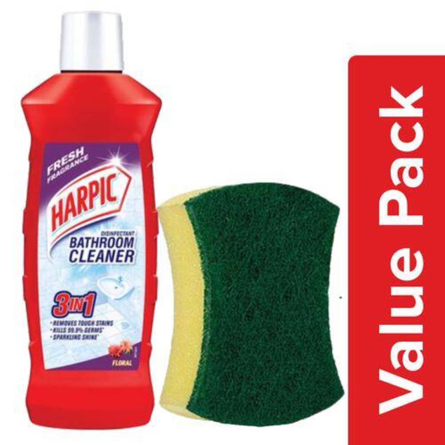 NAJK Combo Harpic Bathroom Cleaning Liquid-Floral 500ml+Scotch Brite Scrub Sponge Large 1pc, Combo 2 Items
