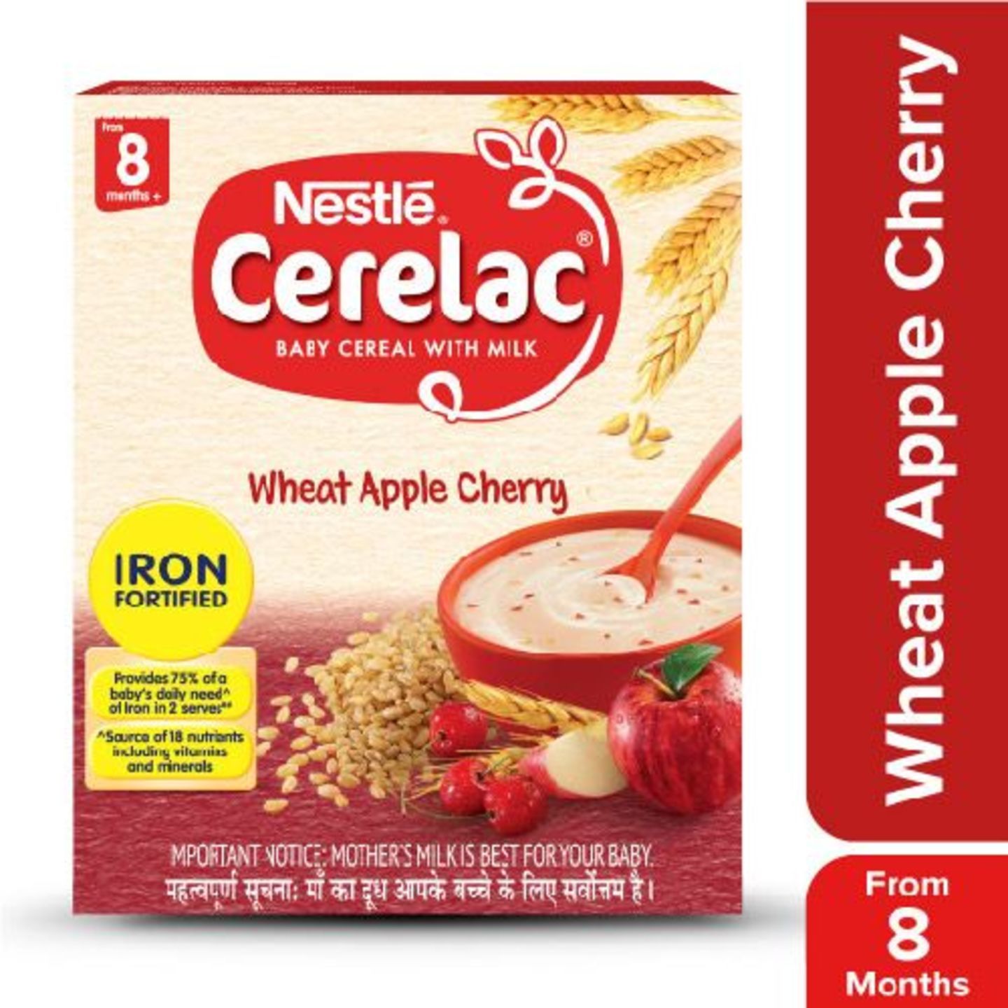 Nestle Cerelac Fortified Baby Cereal With Milk, Wheat Apple Cherry - From 8 Months, 300 g Bag-In-Box