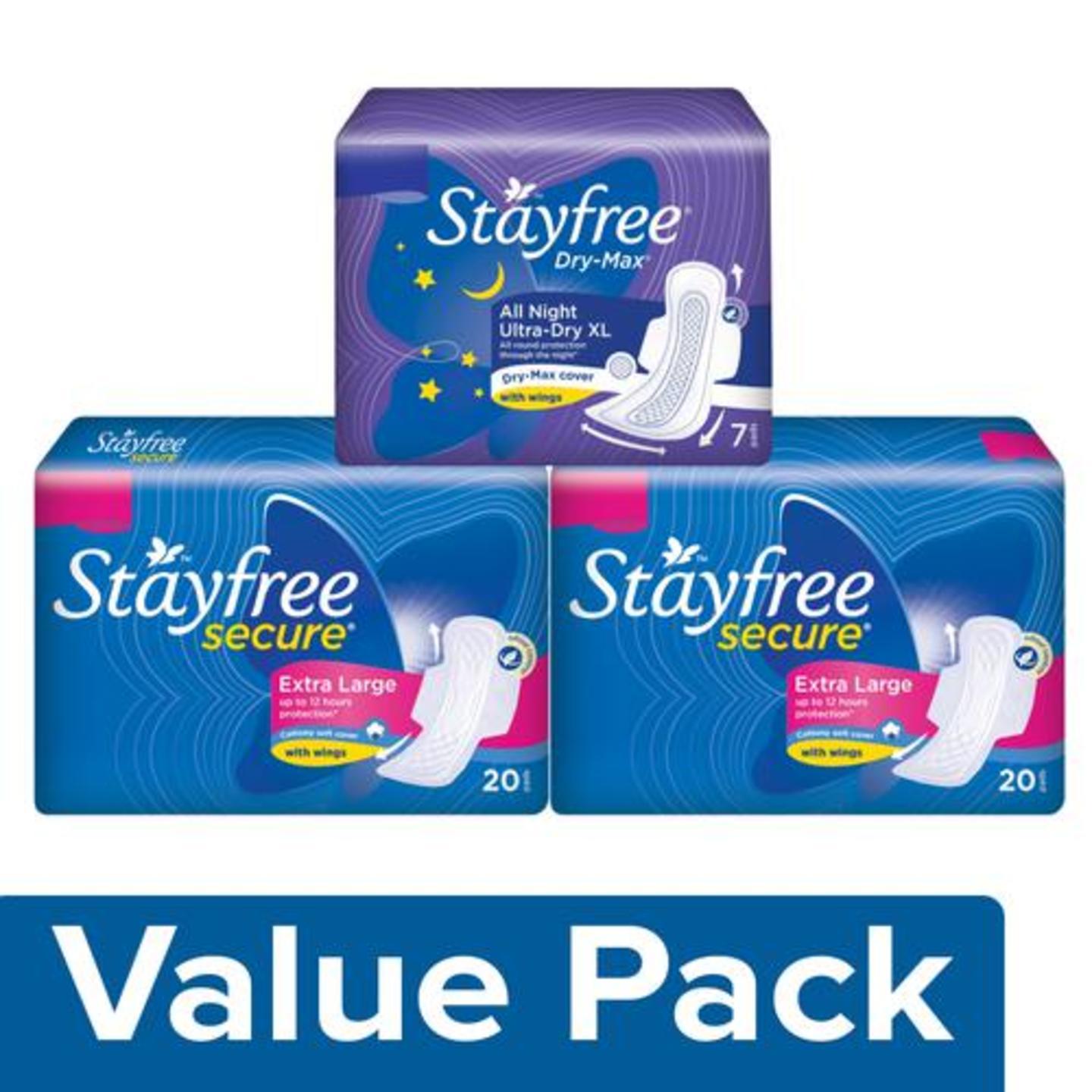 STAYFREE Secure XL Cottony Soft 2x20pcs+Dry-Max All Night Ultra-Thin XL 7pcs (with Wings), Combo 3 Items